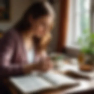 A woman thoughtfully journaling with a cup of tea