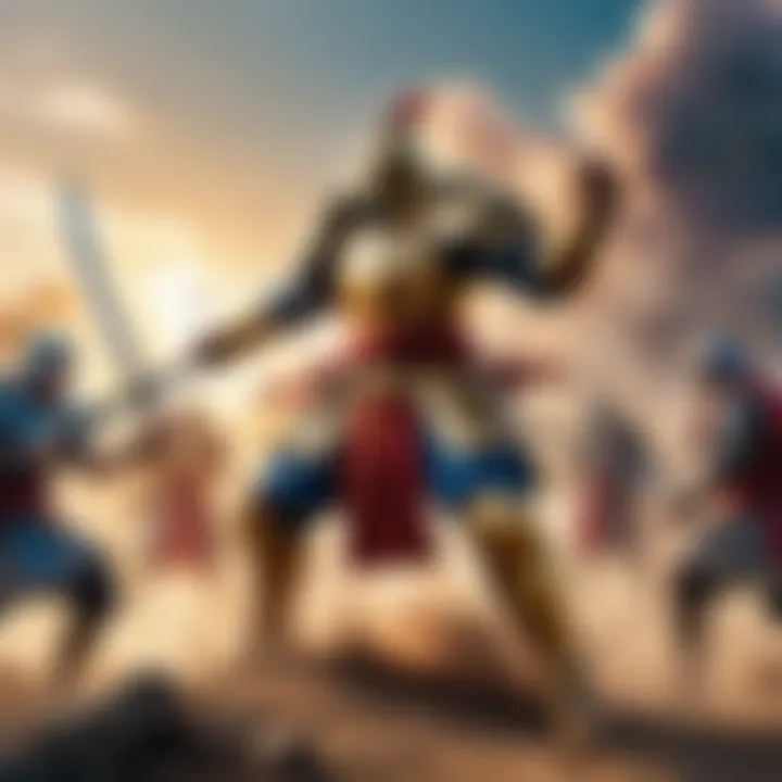 A vibrant scene depicting a key battle in the series