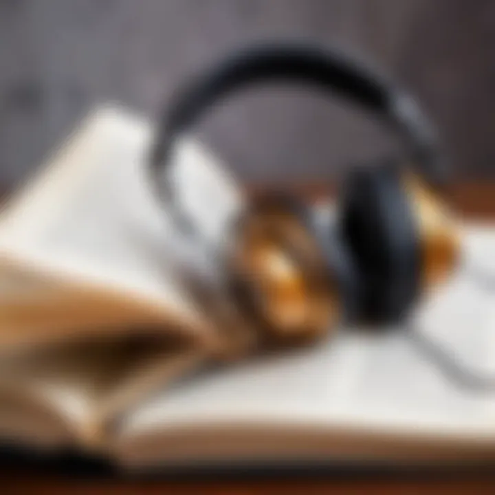 A close-up of an open book and headphones, symbolizing the fusion of literature and auditory experience.