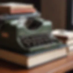 A stack of books with a vintage typewriter