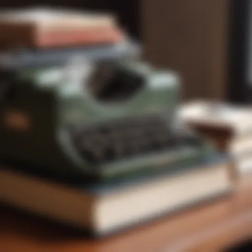 A stack of books with a vintage typewriter