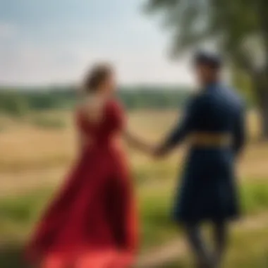 A sweeping landscape of a historical battlefield, evoking themes of love and war.