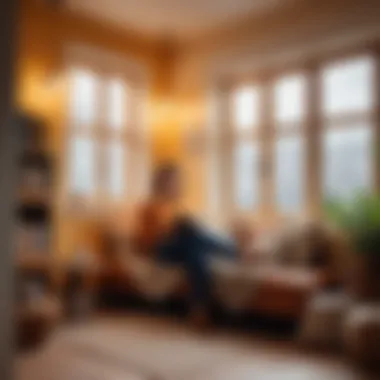 A person reading a book in a cozy nook, surrounded by warm light