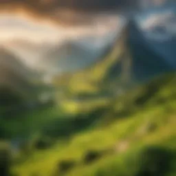 Epic landscape of Middle-earth showcasing lush greenery and mountains