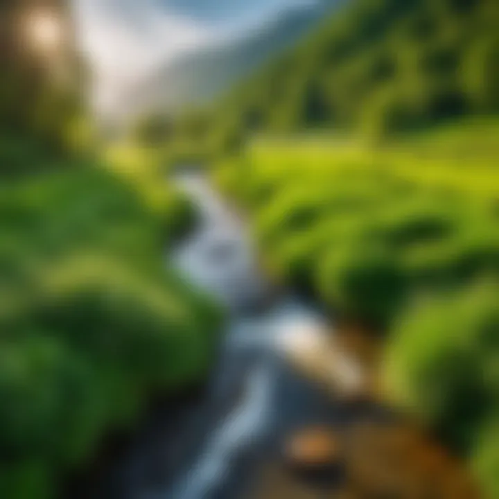 A tranquil river flowing through a vibrant green valley, symbolizing the flow of emotions.