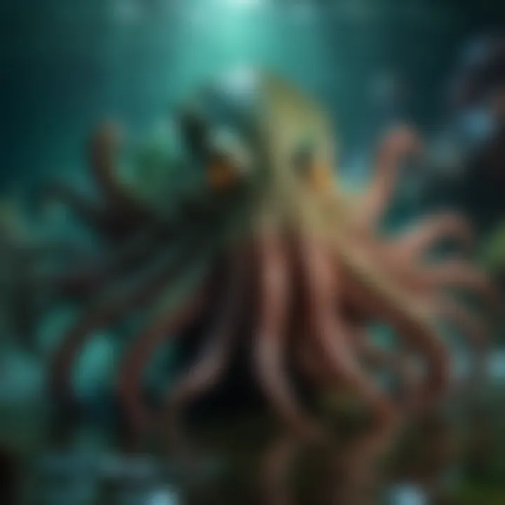 An intricate depiction of Cthulhu emerging from the depths, illustrating the iconic entity of Lovecraft's mythos.