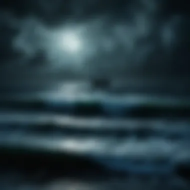 A dark, ominous ocean under a moonlit sky, symbolizing the terror of the unknown in Lovecraft's works.