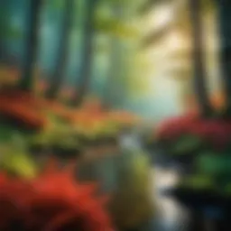 A vibrant fantasy landscape featuring a mystical forest