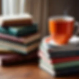A stack of classic novels with a warm cup of tea