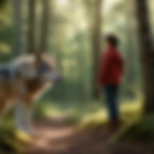 A boy standing in a forest, gazing at a wolf in the distance