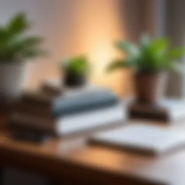 A serene desk setup with books and a plant emphasizing mindfulness