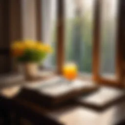 A serene morning scene with sunlight streaming through a window and a book open on a table