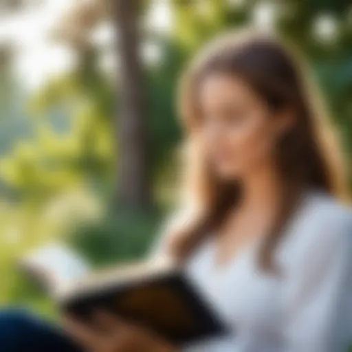 A woman reading a motivational book in a serene environment