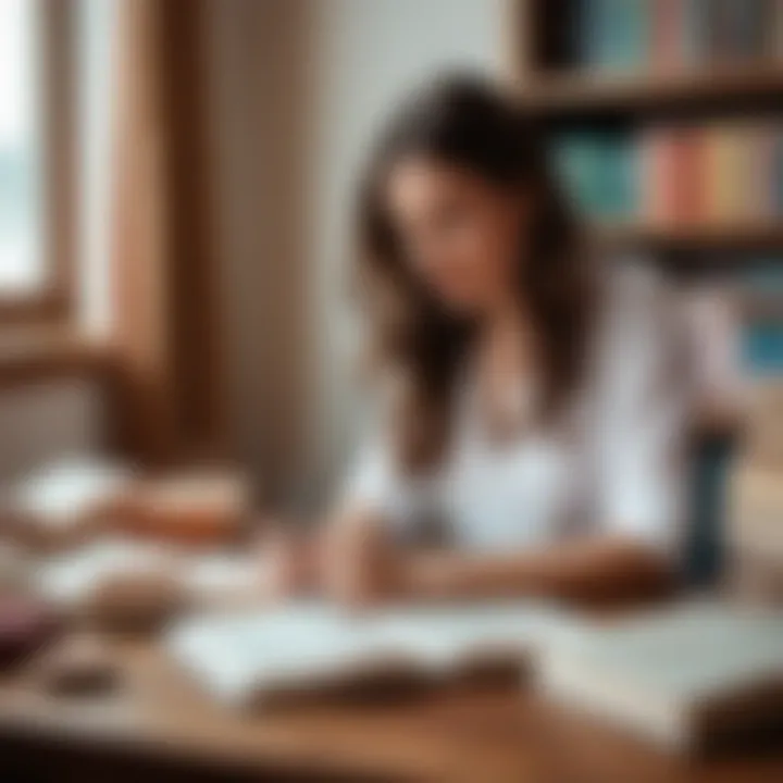 A thoughtful woman journaling alongside her motivational books