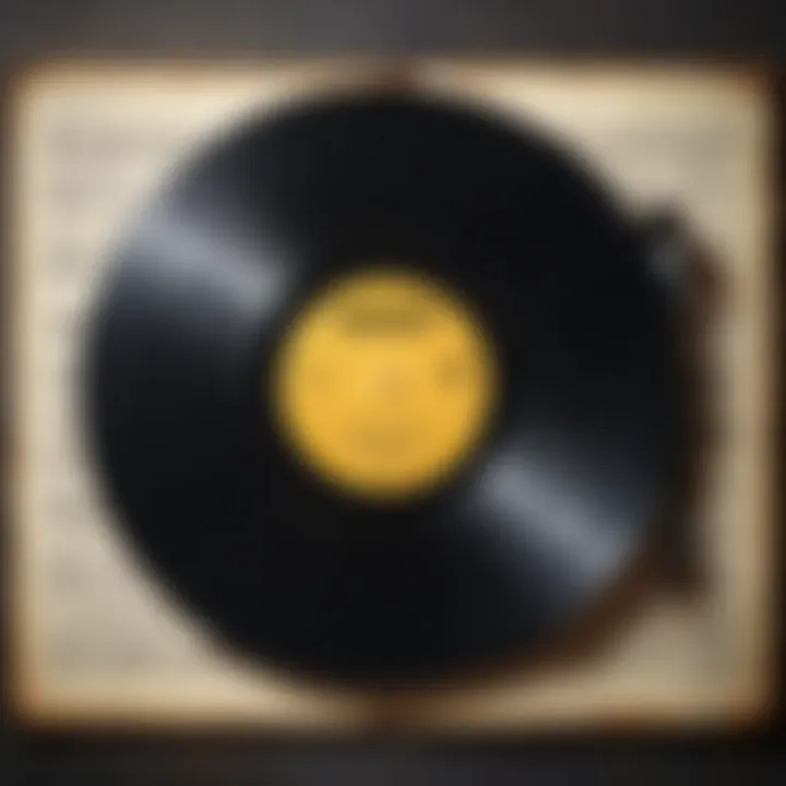 A vintage vinyl record with musical notes surrounding it