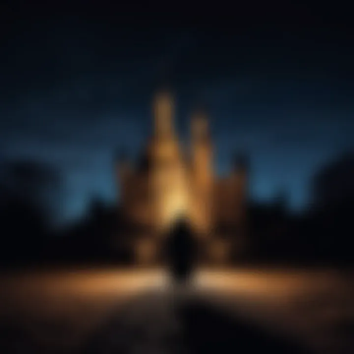 A shadowy figure standing before a castle at night, conveying a sense of mystery.