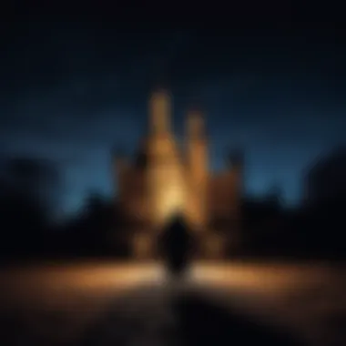 Mysterious Figure in the Dark A shadowy figure standing before a castle at night, conveying a sense of mystery.