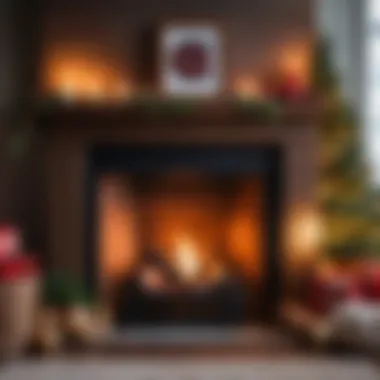 A cozy fireplace setting with holiday-themed elements.