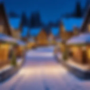 A picturesque winter village adorned with festive decorations.