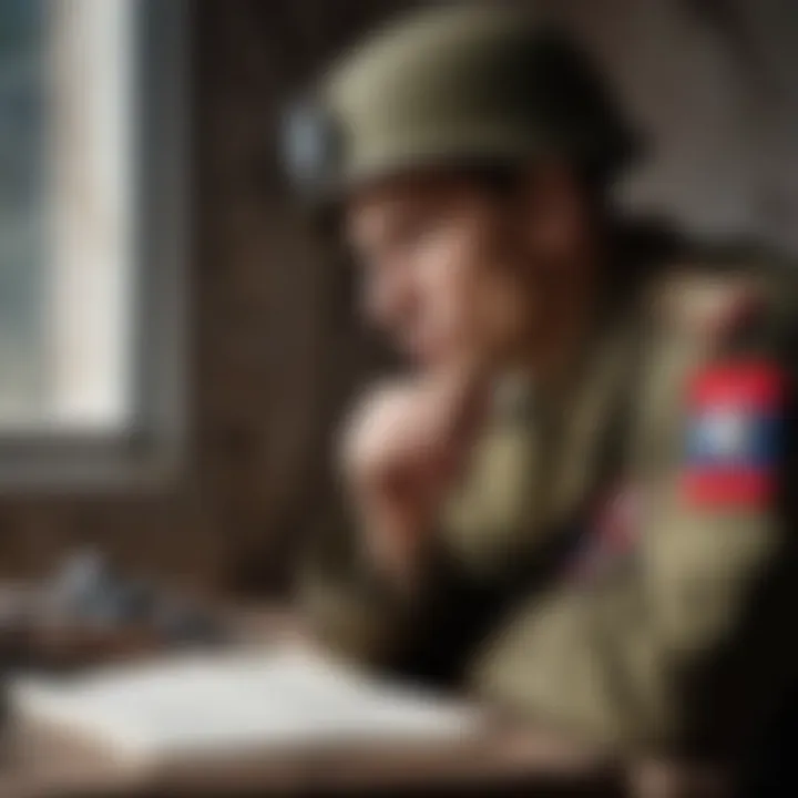 A contemplative soldier reflecting on the depths of war memories
