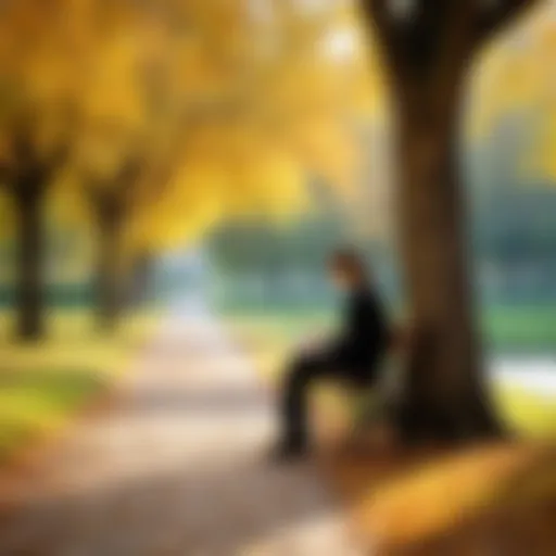 A solitary figure reading a book in a serene park setting