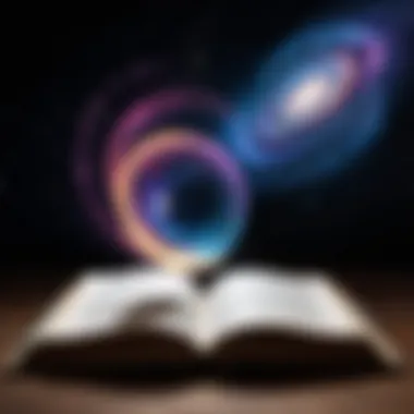 An open book with a galaxy swirling above, representing imagination and transcendence