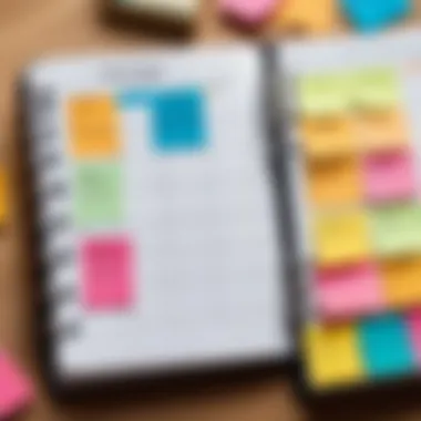 Close-up of a planner with organized tasks and colorful sticky notes