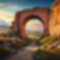 A fantastical landscape depicting a portal to another world