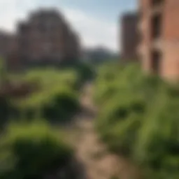 A haunting landscape depicting the remnants of a once-thriving city, overgrown with nature.