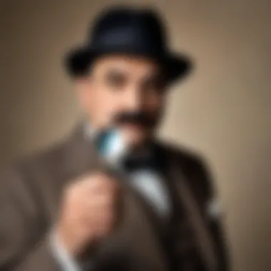 Erkyl Poirot in a classic detective pose with a magnifying glass.