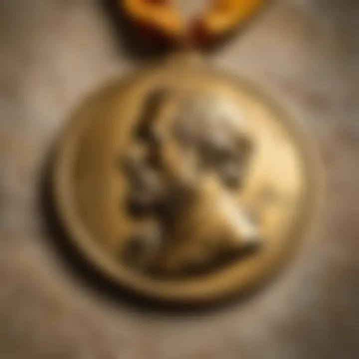 A close-up of a Pulitzer Prize medal against a textured background.