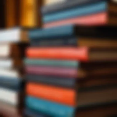 The Richness of Literary Offerings A close-up of a stack of books featuring various titles and covers