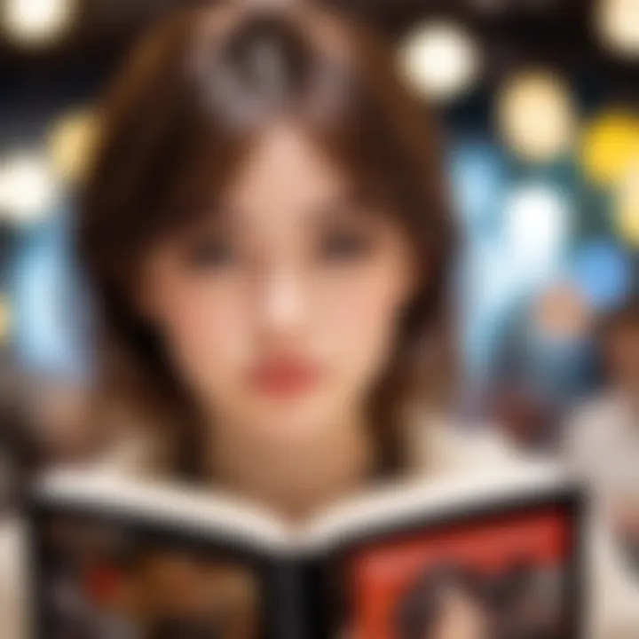 A close-up of a reader immersed in a manga book with expressive art