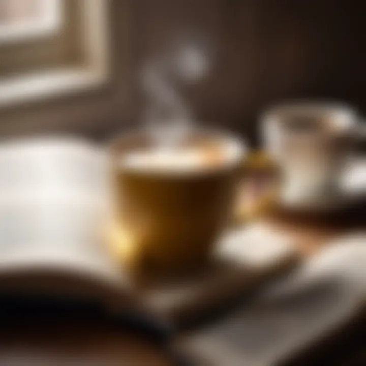 An open book with highlighted text and a steaming cup of coffee