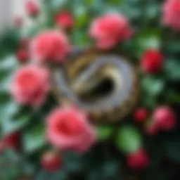 A mythical representation of a serpent entwined with roses, symbolizing the duality of beauty and danger in urban mythology.