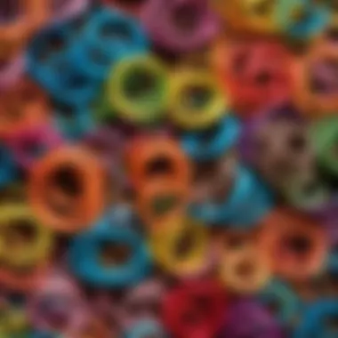 Colorful rubber bands arranged in various patterns