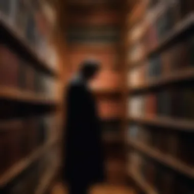 A shadowy figure in a library surrounded by books about psychopaths