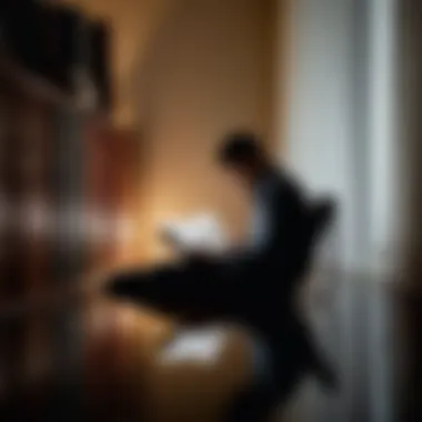 The Reflection of the Reader's Mind A shadowy figure immersed in reading, embodying deep reflection and introspection