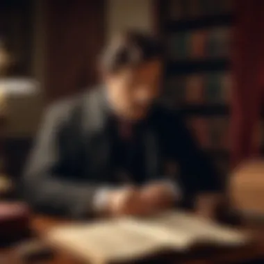 Sherlock Holmes analyzing clues in a dimly lit room