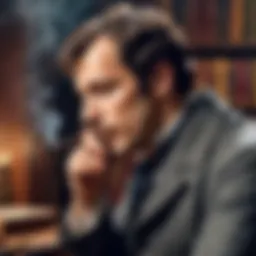 A vintage illustration of Sherlock Holmes deep in thought with his pipe.