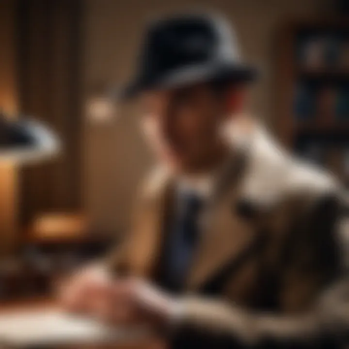 An intriguing scene depicting a detective in a dimly lit room