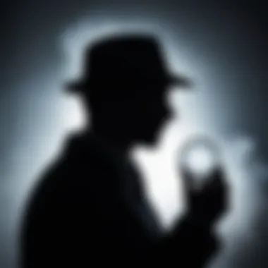 A silhouette of a detective with a magnifying glass against a foggy backdrop