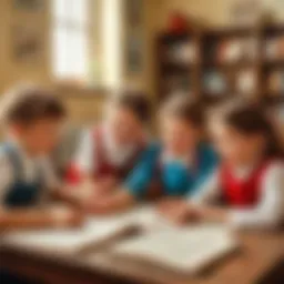 A vibrant scene from a classic Soviet school cartoon depicting children engaged in playful learning.