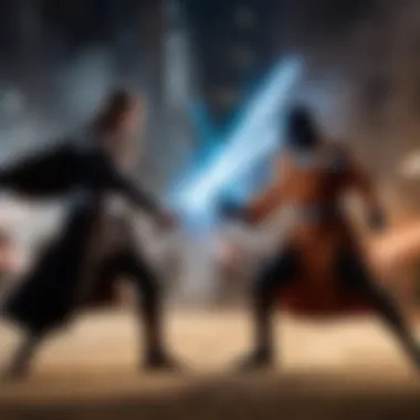 An artistic representation of a pivotal moment in Star Wars Legends showcasing a lightsaber duel.