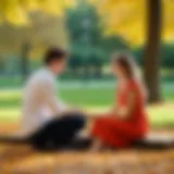 A tender moment shared among young lovers in a serene park setting.