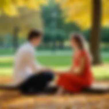 A tender moment shared among young lovers in a serene park setting.