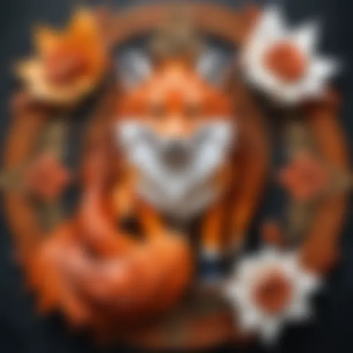 A symbolic representation of the nine-tailed fox in various artistic styles across cultures.