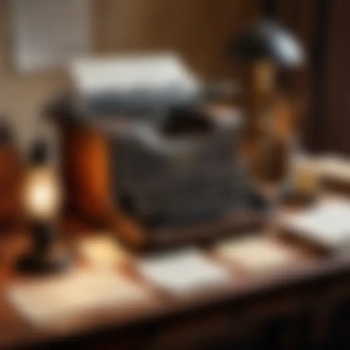 An antique desk with a typewriter, scattered papers, and a vintage lamp, evoking a writer's atmosphere