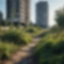 A desolate cityscape overgrown with nature