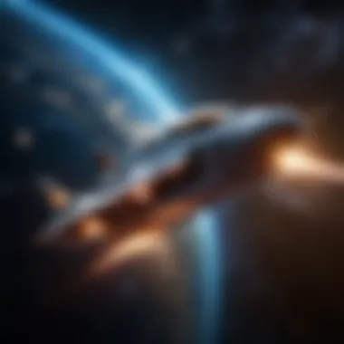 An artistic representation of a spaceship soaring through the galaxy.